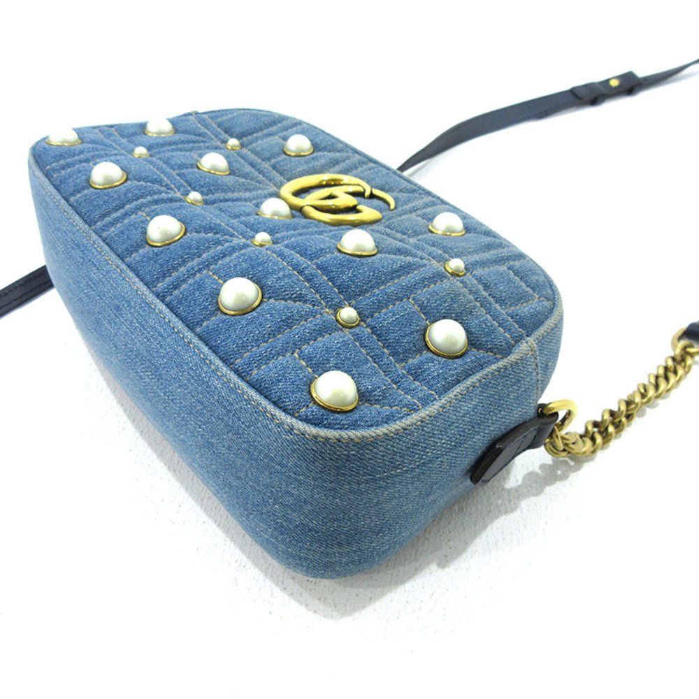 Gucci Chain Bag Denim Marmont Pearl Blue Shoulder Gg - Picture 3 of 10